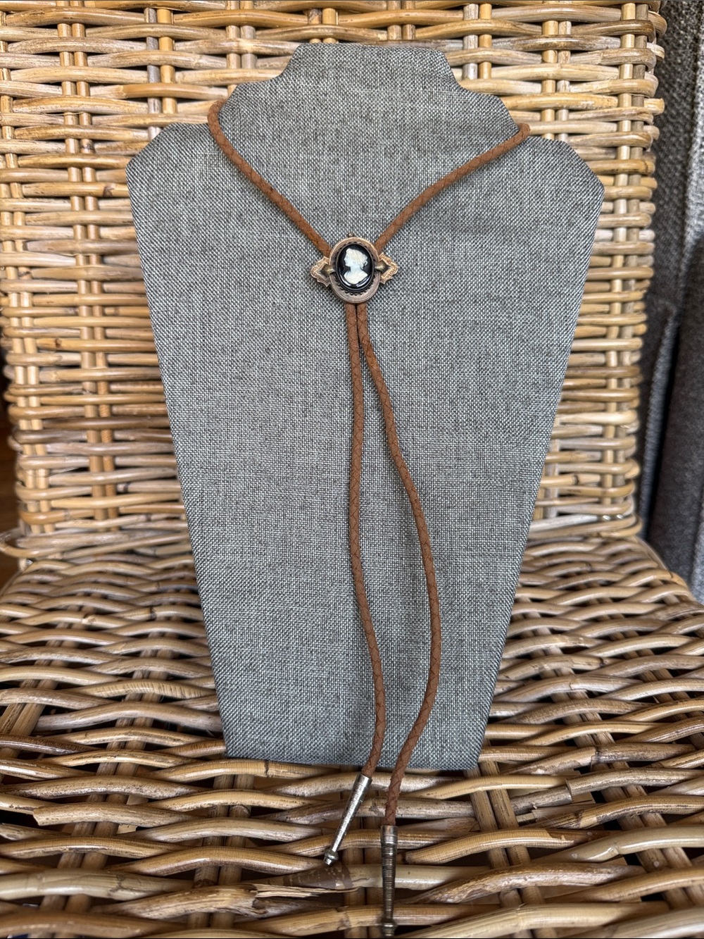 Vintage western Brown braided  Cameo Bolo Tie Necklace